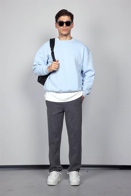 Erkek Oversize Bisiklet Yaka Basic Sweatshirt Açık Mavi