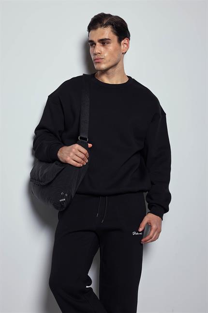Erkek Oversize Bisiklet Yaka Basic Sweatshirt Siyah