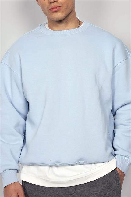 Erkek Oversize Bisiklet Yaka Basic Sweatshirt Açık Mavi