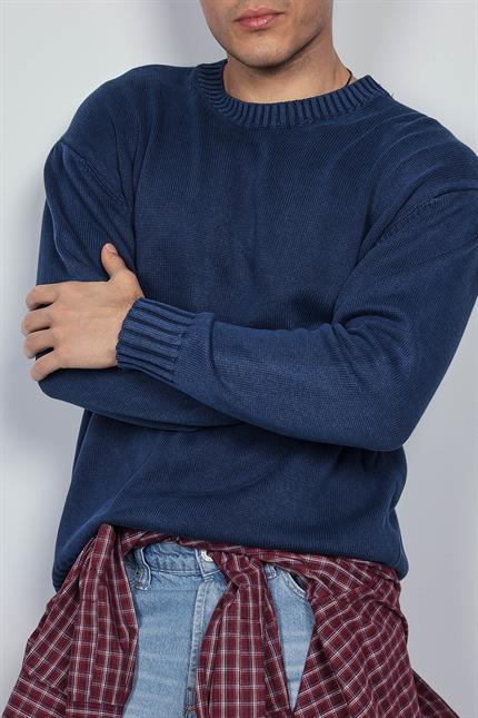 Erkek Oversize Bisiklet Yaka Basic Triko Kazak Lacivert