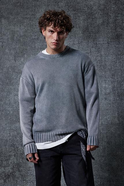 Erkek Oversize Bisiklet Yaka Basic Triko Kazak Gri