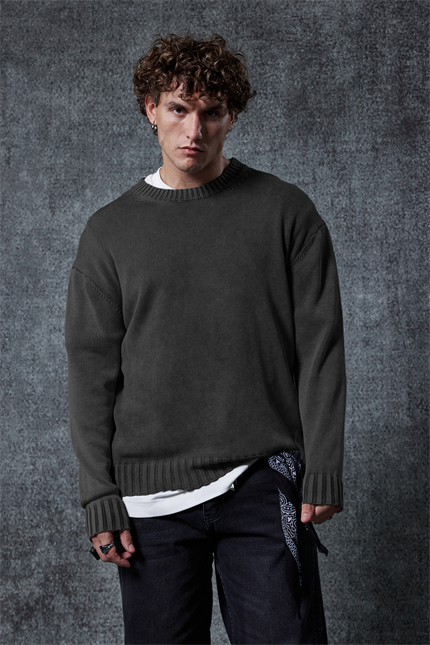 Erkek Oversize Bisiklet Yaka Basic Triko Kazak Siyah