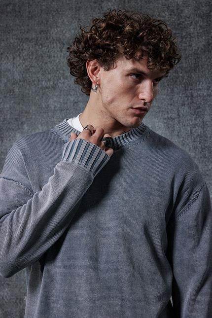 Erkek Oversize Bisiklet Yaka Basic Triko Kazak Gri