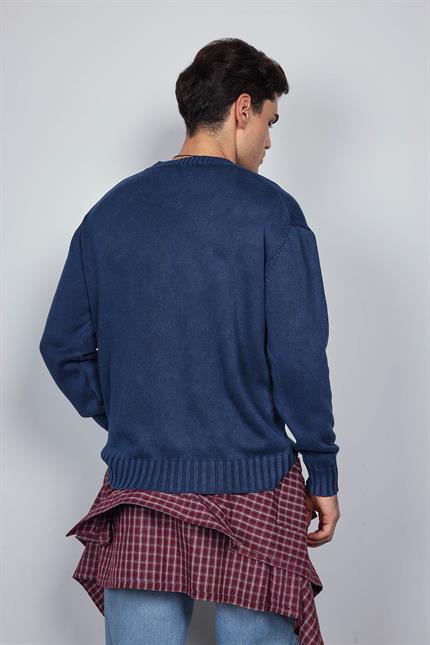 Erkek Oversize Bisiklet Yaka Basic Triko Kazak Lacivert