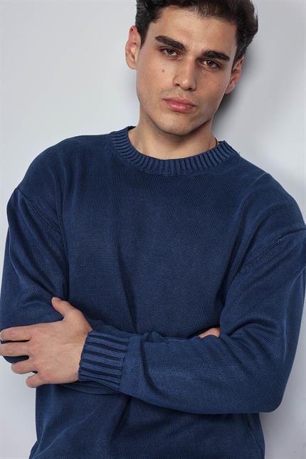 Erkek Oversize Bisiklet Yaka Basic Triko Kazak Lacivert