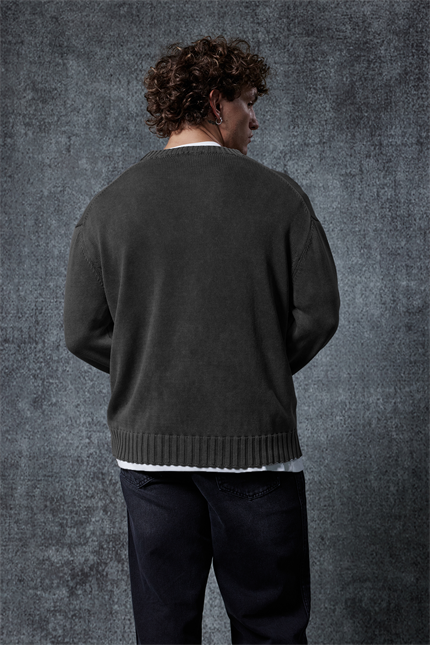 Erkek Oversize Bisiklet Yaka Basic Triko Kazak Siyah