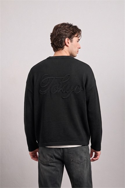 Erkek Oversize Bisiklet Yaka Cepli Premium Örme Kazak Siyah