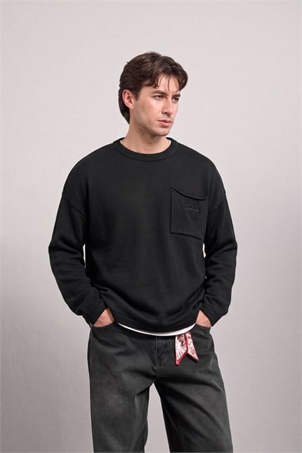 Erkek Oversize Bisiklet Yaka Cepli Premium Örme Kazak Siyah
