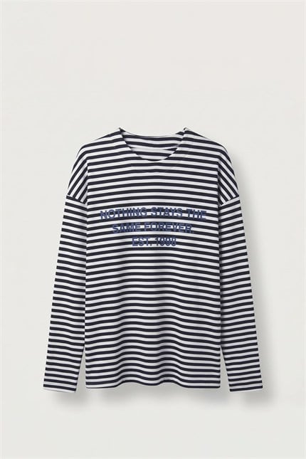 Erkek Oversize Bisiklet Yaka Çizgili Sweatshirt Ekru-Füme