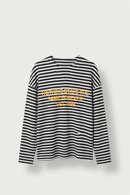 Erkek Oversize Bisiklet Yaka Çizgili Sweatshirt Ekru-Siyah