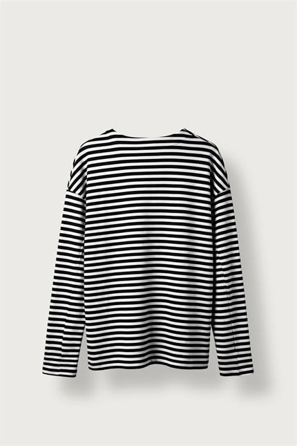 Erkek Oversize Bisiklet Yaka Çizgili Sweatshirt Ekru-Siyah