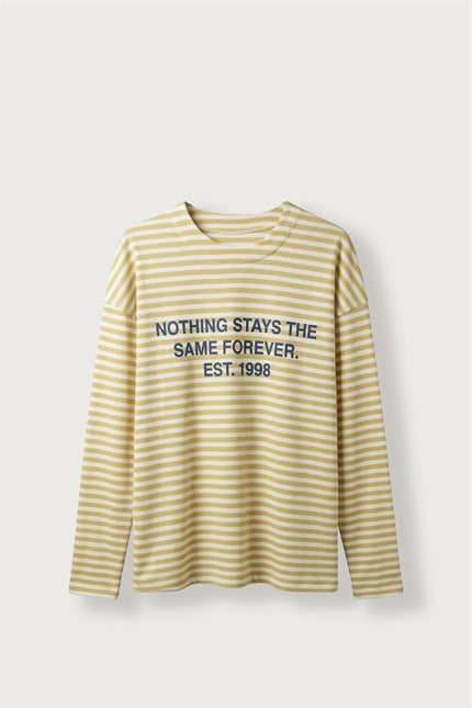 Erkek Oversize Bisiklet Yaka Çizgili Sweatshirt Ekru-Sarı