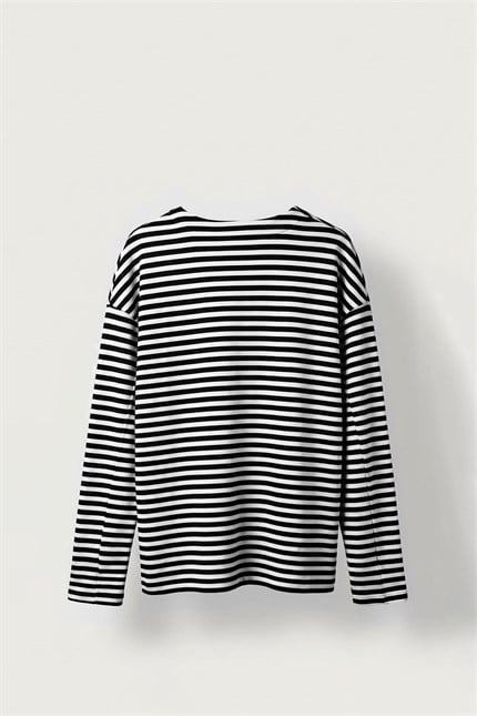 Erkek Oversize Bisiklet Yaka Çizgili Sweatshirt Ekru-Füme