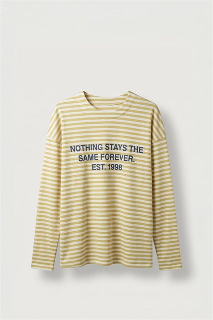 Erkek Oversize Bisiklet Yaka Çizgili Sweatshirt Ekru-Sarı