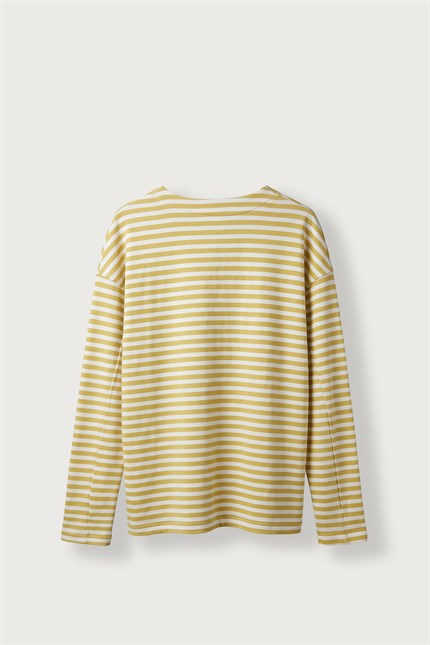 Erkek Oversize Bisiklet Yaka Çizgili Sweatshirt Ekru-Sarı