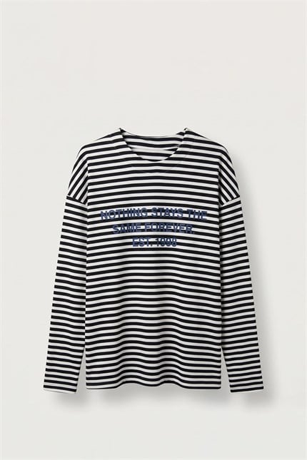 Erkek Oversize Bisiklet Yaka Çizgili Sweatshirt Ekru-Füme