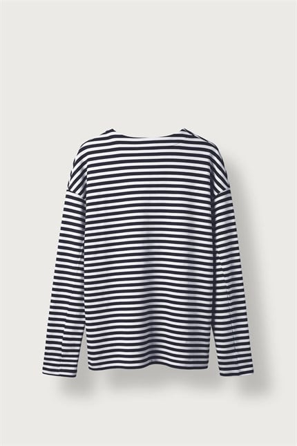 Erkek Oversize Bisiklet Yaka Çizgili Sweatshirt Ekru-Füme