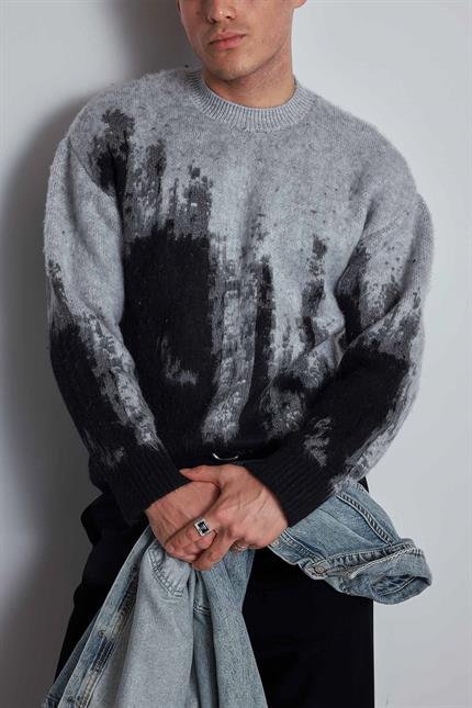 Erkek Oversize Bisiklet Yaka Desenli Kazak Siyah