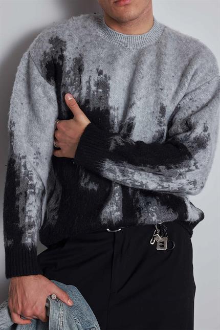 Erkek Oversize Bisiklet Yaka Desenli Kazak Siyah