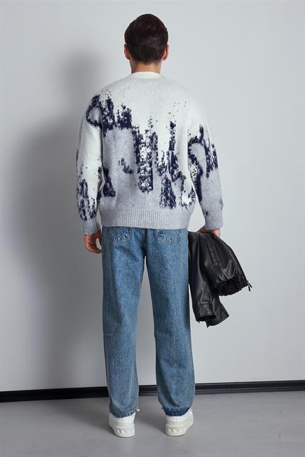 Erkek Oversize Bisiklet Yaka Desenli Kazak Gri