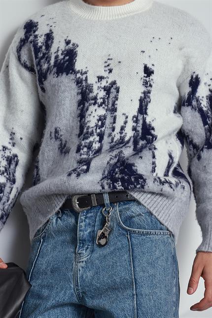 Erkek Oversize Bisiklet Yaka Desenli Kazak Gri