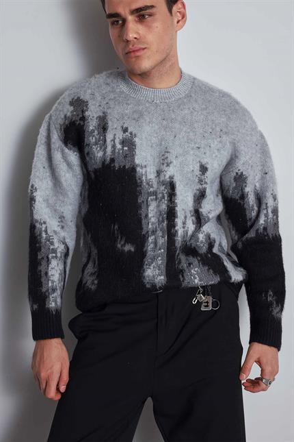 Erkek Oversize Bisiklet Yaka Desenli Kazak Siyah