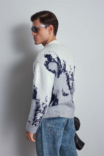 Erkek Oversize Bisiklet Yaka Desenli Kazak Gri