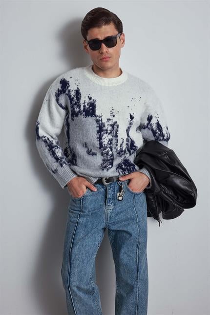 Erkek Oversize Bisiklet Yaka Desenli Kazak Gri