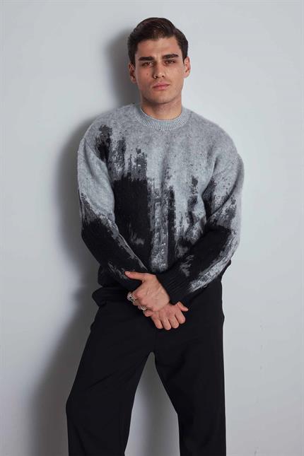 Erkek Oversize Bisiklet Yaka Desenli Kazak Siyah