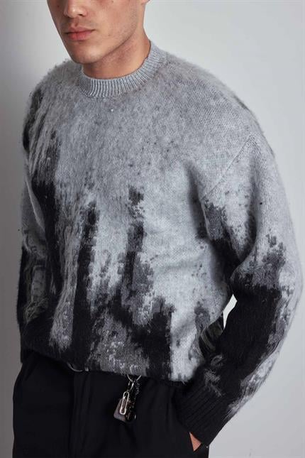 Erkek Oversize Bisiklet Yaka Desenli Kazak Siyah