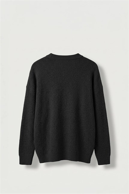 Erkek Oversize Bisiklet Yaka Fitilli Triko Kazak Siyah