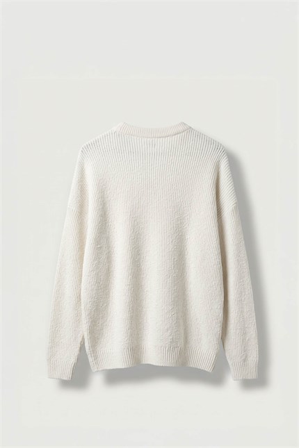 Erkek Oversize Bisiklet Yaka Fitilli Triko Kazak Ekru