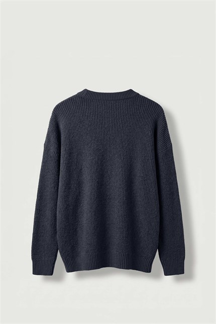 Erkek Oversize Bisiklet Yaka Fitilli Triko Kazak Lacivert