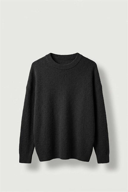 Erkek Oversize Bisiklet Yaka Fitilli Triko Kazak Siyah