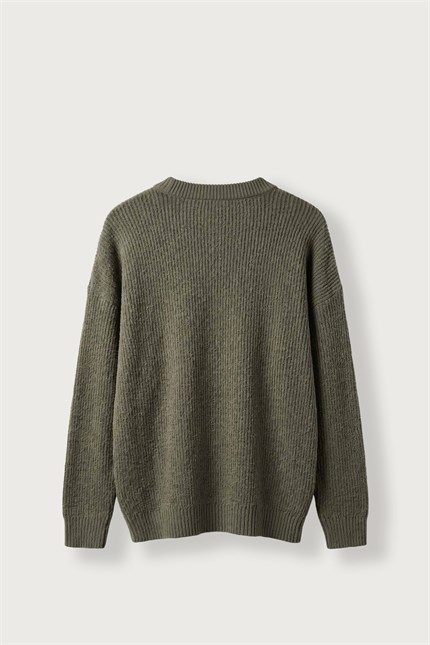 Erkek Oversize Bisiklet Yaka Fitilli Triko Kazak Haki