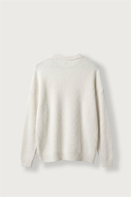 Erkek Oversize Bisiklet Yaka Fitilli Triko Kazak Ekru