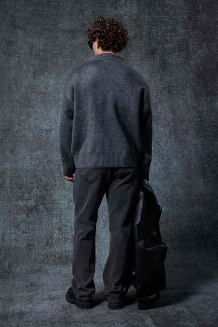 Erkek Oversize Bisiklet Yaka Nakışlı Triko Kazak Gri