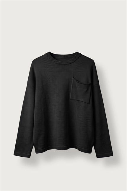 Erkek Oversize Bisiklet Yaka Tokyo Yazılı Triko Kazak Siyah