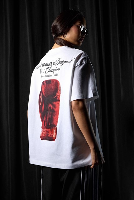 Erkek Oversize Boks Baskılı Pamuklu T-Shirt Beyaz