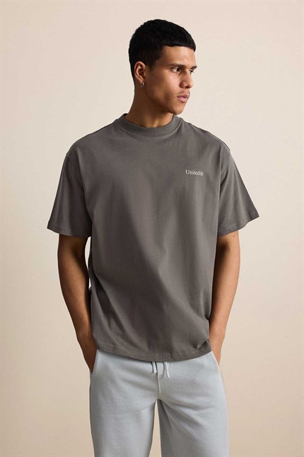 Erkek Oversize Boks Baskılı Pamuklu T-Shirt Antrasit