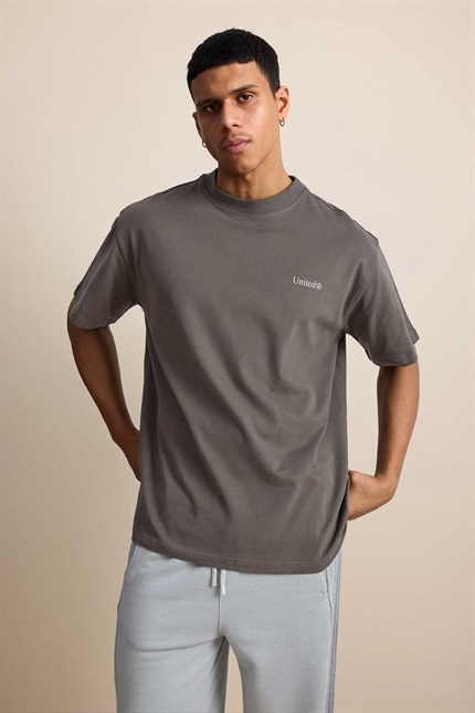 Erkek Oversize Boks Baskılı Pamuklu T-Shirt Antrasit