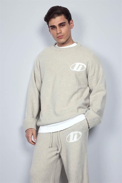 Erkek Oversize Boxy Fit Logo Detaylı Tüylü Kazak Bej