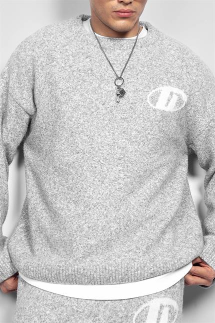 Erkek Oversize Boxy Fit Logo Detaylı Tüylü Kazak Gri