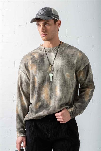 Erkek Oversize Boyama Desenli Triko Kazak Siyah