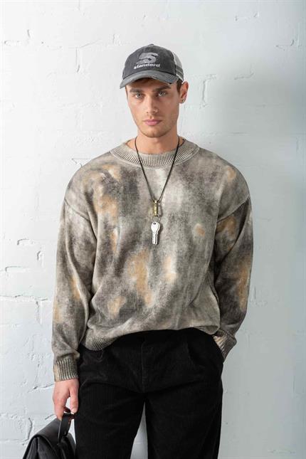 Erkek Oversize Boyama Desenli Triko Kazak Siyah