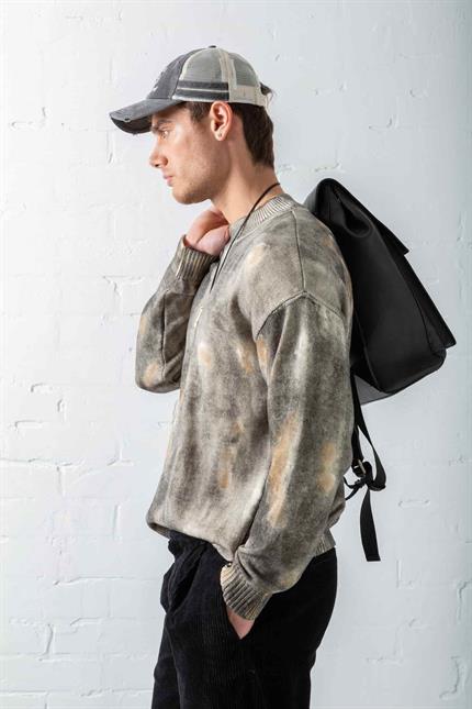 Erkek Oversize Boyama Desenli Triko Kazak Siyah