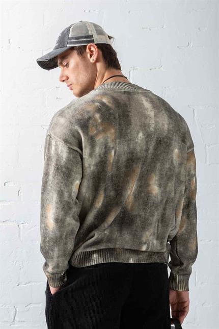 Erkek Oversize Boyama Desenli Triko Kazak Siyah