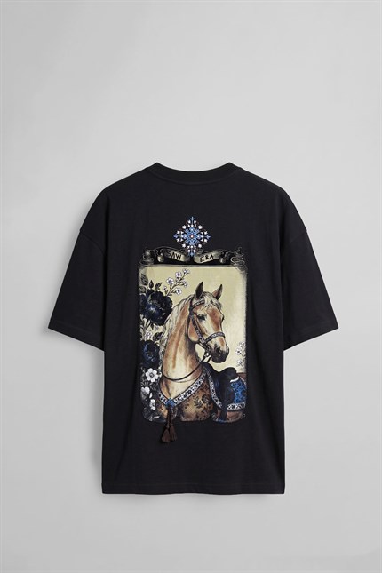 Erkek Oversize Bozkır Atı 3D Sırt Baskılı T-Shirt Siyah