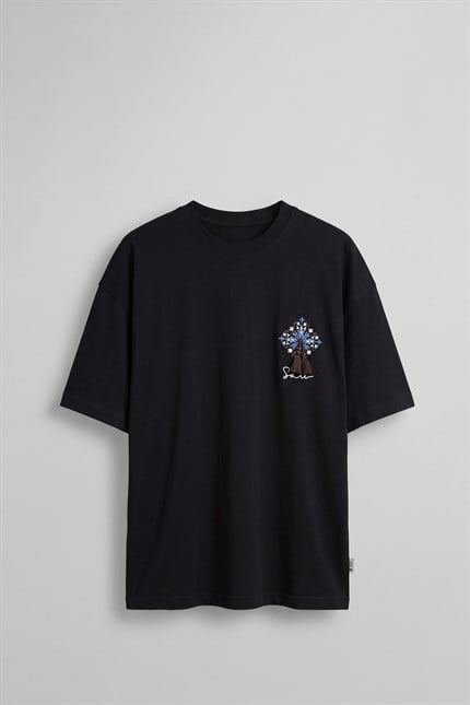 Erkek Oversize Bozkır Atı 3D Sırt Baskılı T-Shirt Siyah