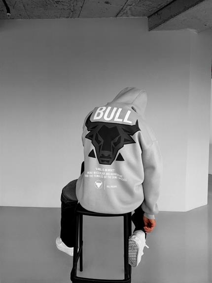 Erkek Oversize Bull Baskılı Hoodie Gri